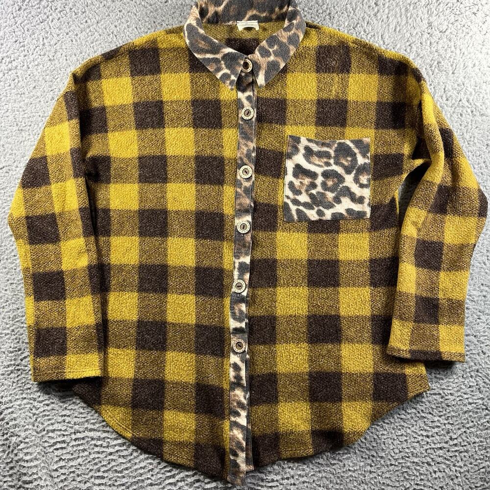 Blue Buttercup Women’s Large Shacket Mixed Print Plaid Leopard Button Up Shirt